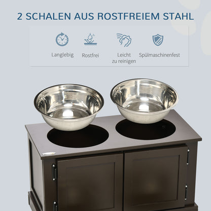 PawHut Futterstation Erhöhte Futternäpfe, inklusive Stauraum, 60 cm x 30 cm x 34 cm, Braun + Silber