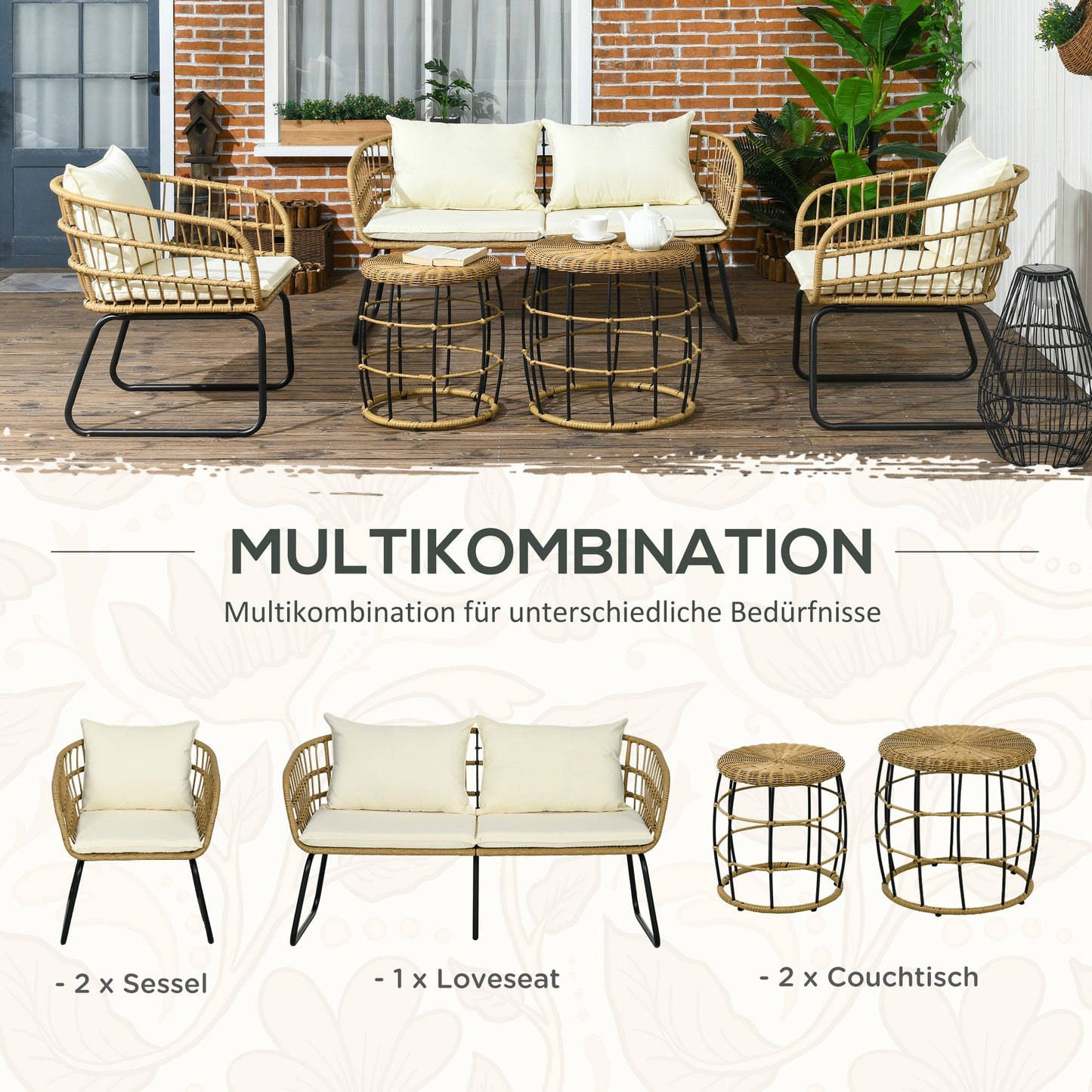 Outsunny Rattansitzgruppe Lounge-Set Outdoor-Sitzgruppe, Boho-Stil, 5-teilges Set, 145 x 70 x 78 cm, Creme + Natur + Schwarz