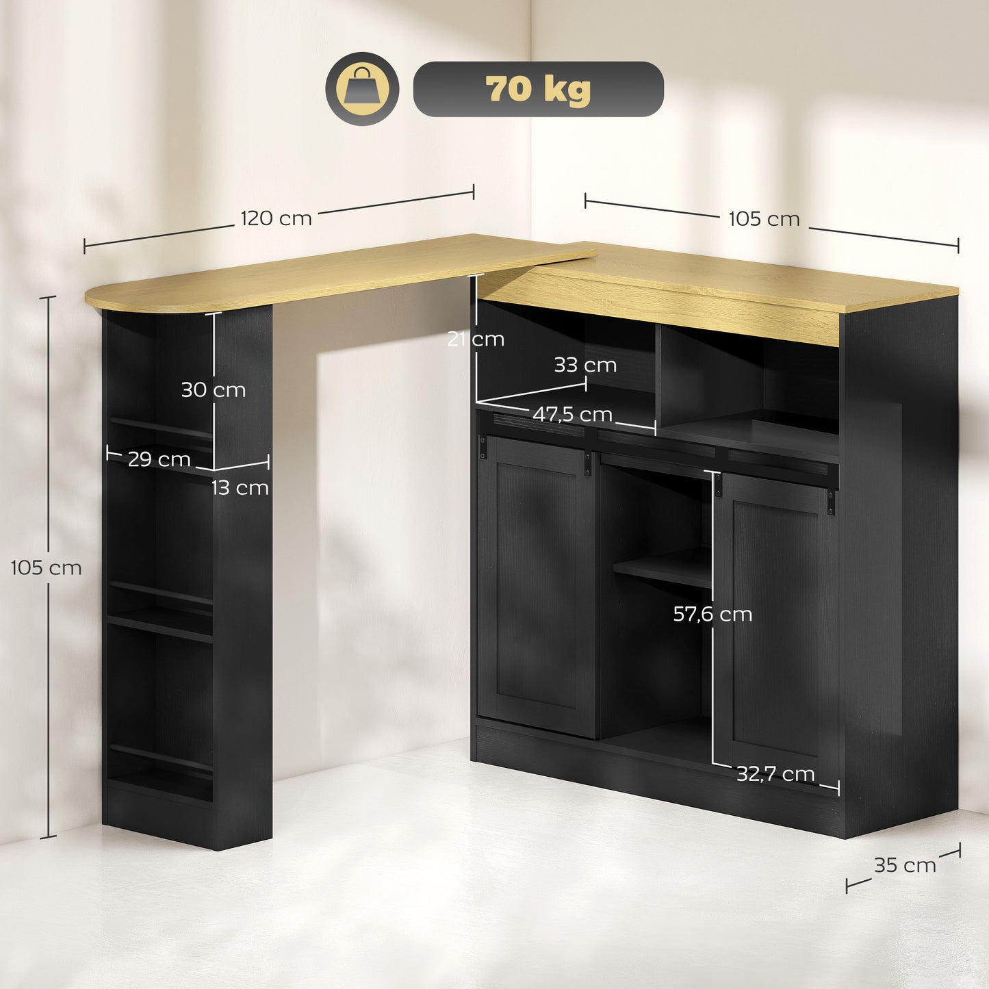 HOMCOM Ausziehbarer Bartisch, zu L-Form umwandelbar, viel Stauraum, 3 verstellbare Regale, Spanplatte, MDF, Schwarz