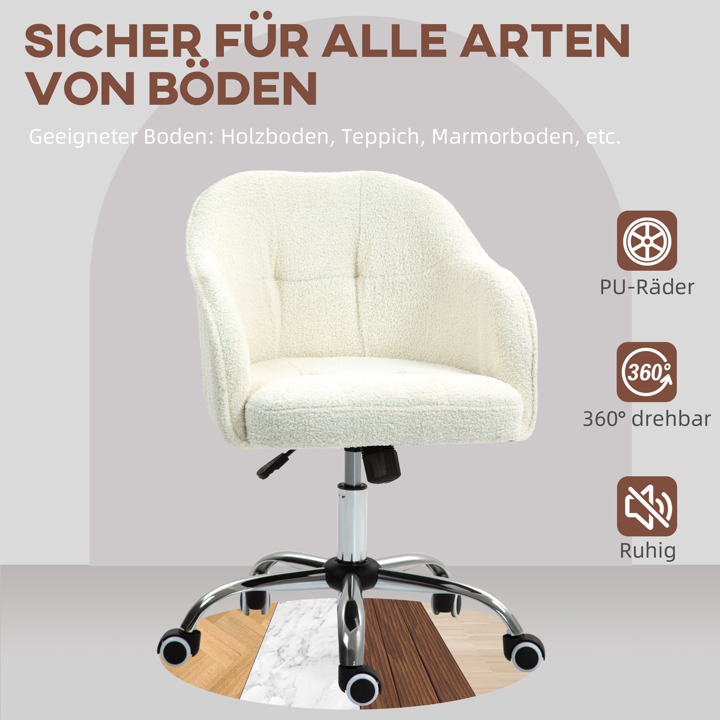 HOMCOM Homeoffice Stuhl, Ergonomisch Schreibtischstuhl mit Wippfunktion, Teddysamtoptik 56 x 61 x 86 cm Cremeweiß