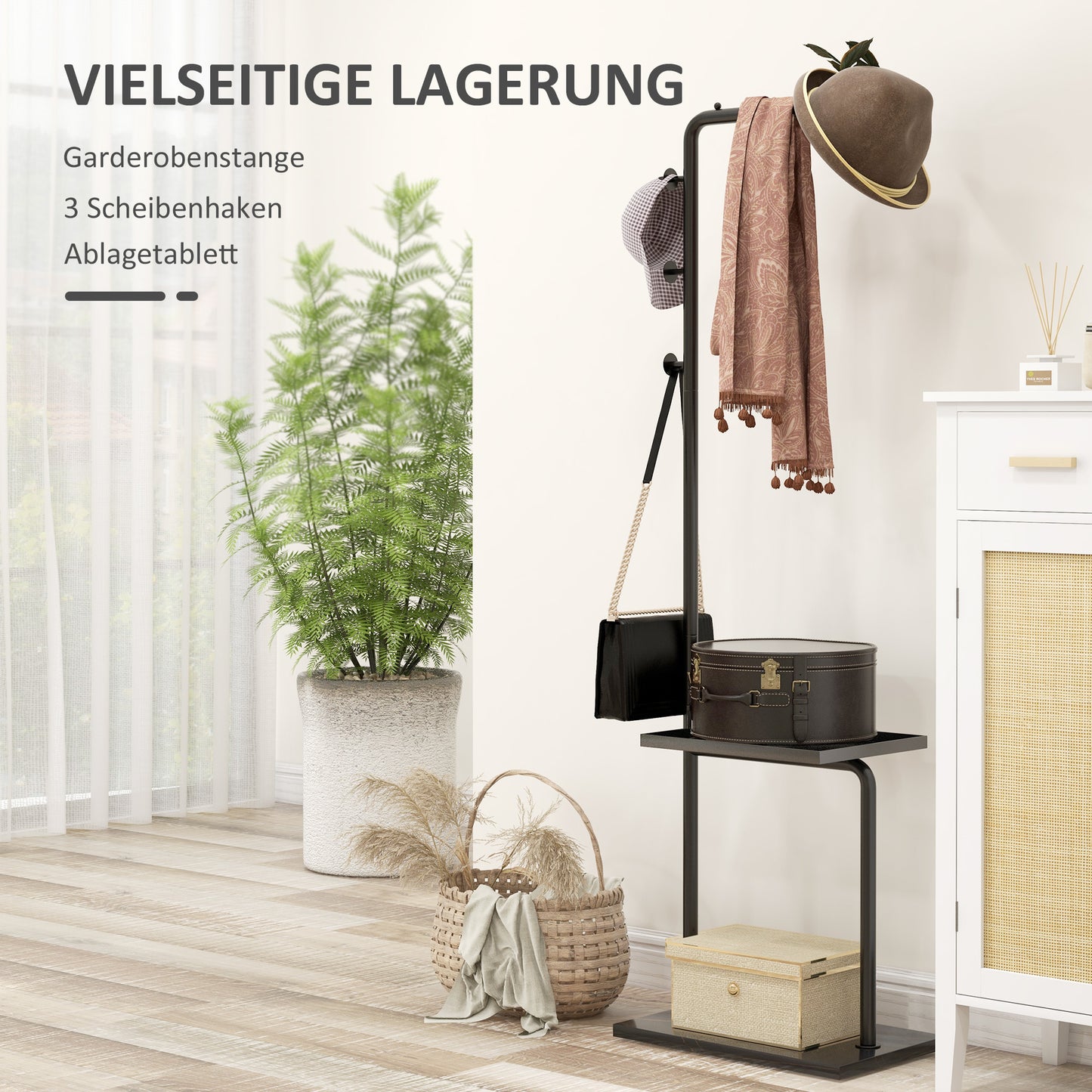 HOMCOM Garderobenständer، Kleiderstange mit Stoppern، 3 Haken، Ablagefach، Kunststeinsockel، شوارتز