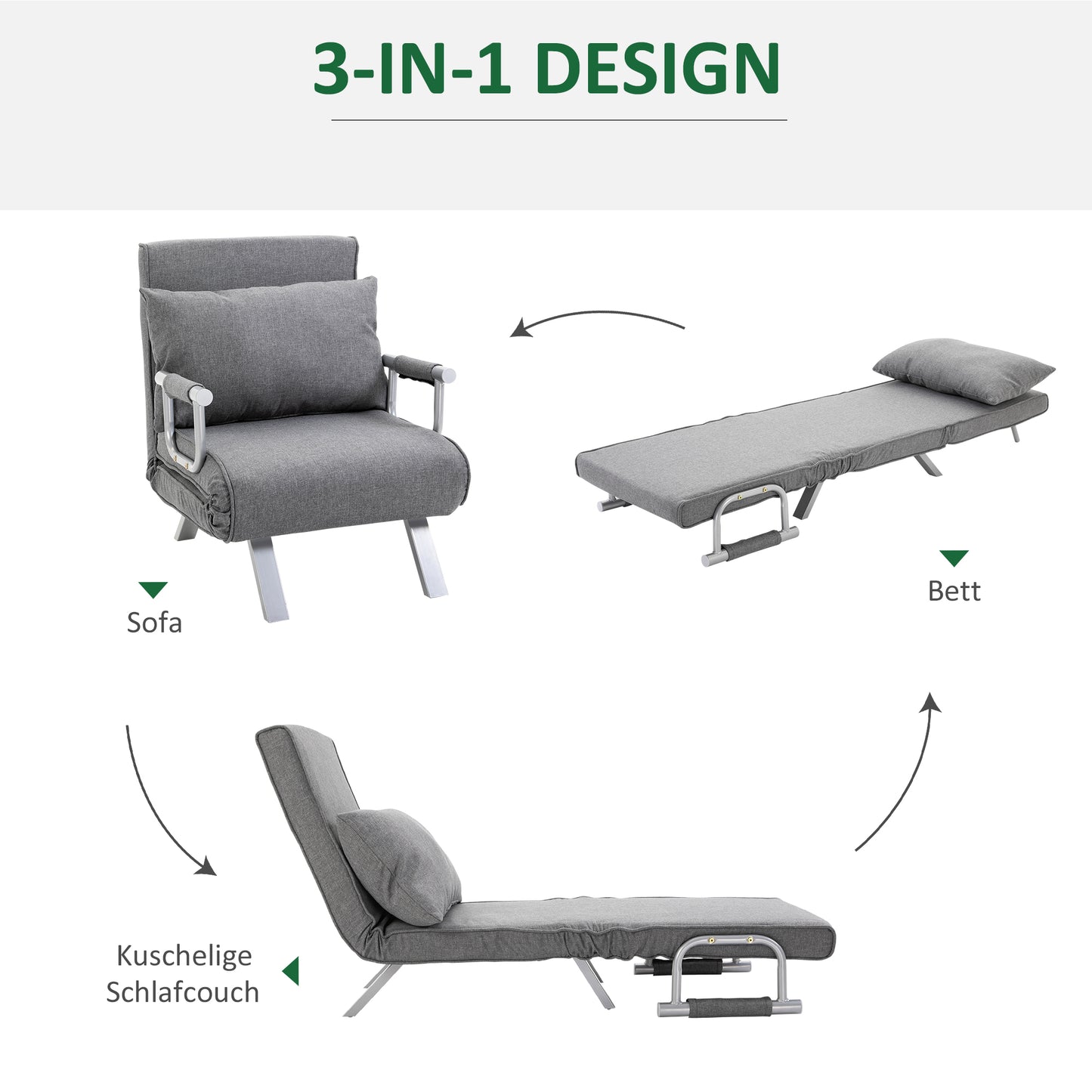 HOMCOM 3 in 1 Schlafsessel Klappbar Schlafsofa mit Bettfunktion Verstellbarer Rückenlehne Kissen Gästebett in Leinenoptik, Relaxsessel Klappsessel für Wohnzimmer Schlafzimmer 65 x 69 x 80 cm Hellgrau
