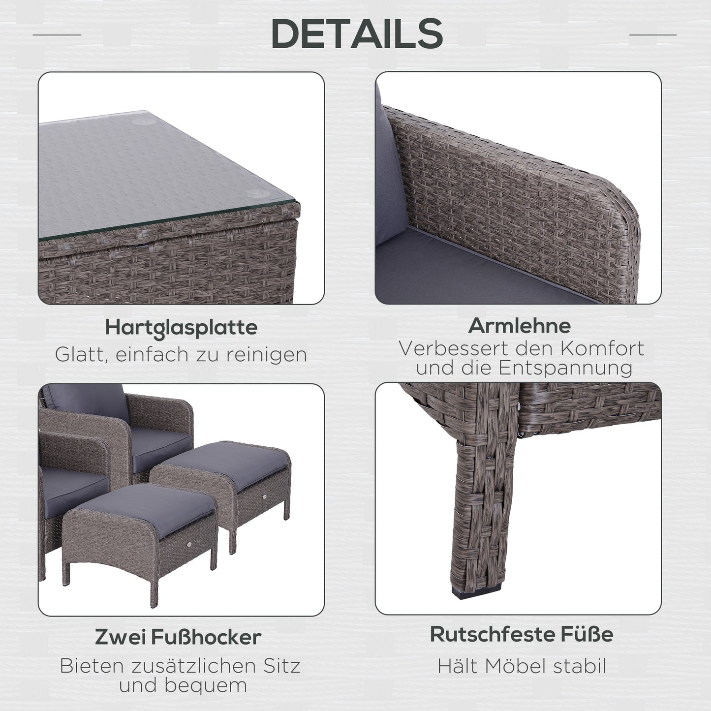 أوتسوني 5-TLG. Polyrattan Gartenmöbel Sitzgruppe Gartenset Sofagarnitur Garnitur Lounge mit Kissen Dunkelgrau 2 x Sessel 1 x Couchtisch 2 x Hocker
