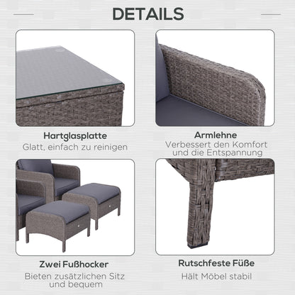 أوتسوني 5-TLG. Polyrattan Gartenmöbel Sitzgruppe Gartenset Sofagarnitur Garnitur Lounge mit Kissen Dunkelgrau 2 x Sessel 1 x Couchtisch 2 x Hocker