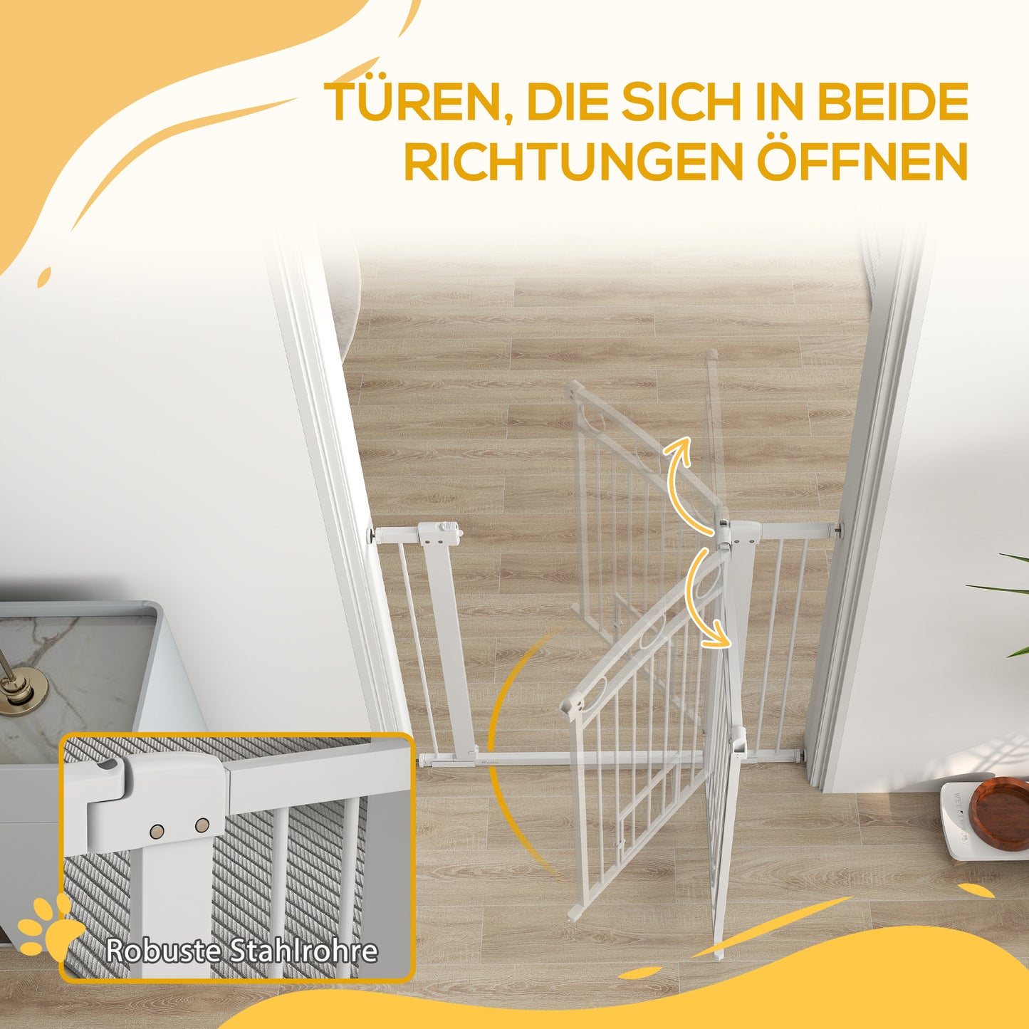 PawHut Haustiertor, 96 cm Treppengatter, verstellbare Breite 76-104 cm, mit Katzentür, für Treppen und Türöffnungen, Weiß