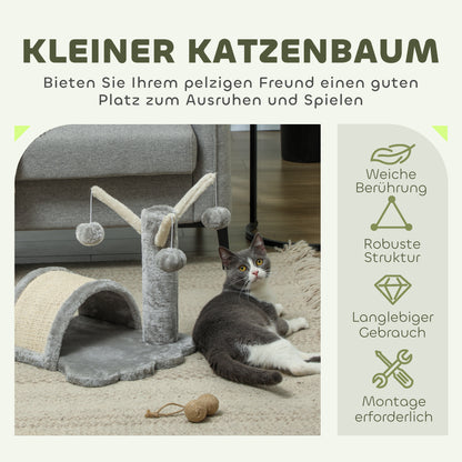 PawHut Kratzbaum 40 cm Kleiner Katzenturm mit Höhle, 2 Spielball, Kratzmatte, Katzenkratzbaum, Kletterbaum, für kleine & große Katzen, Hellgrau