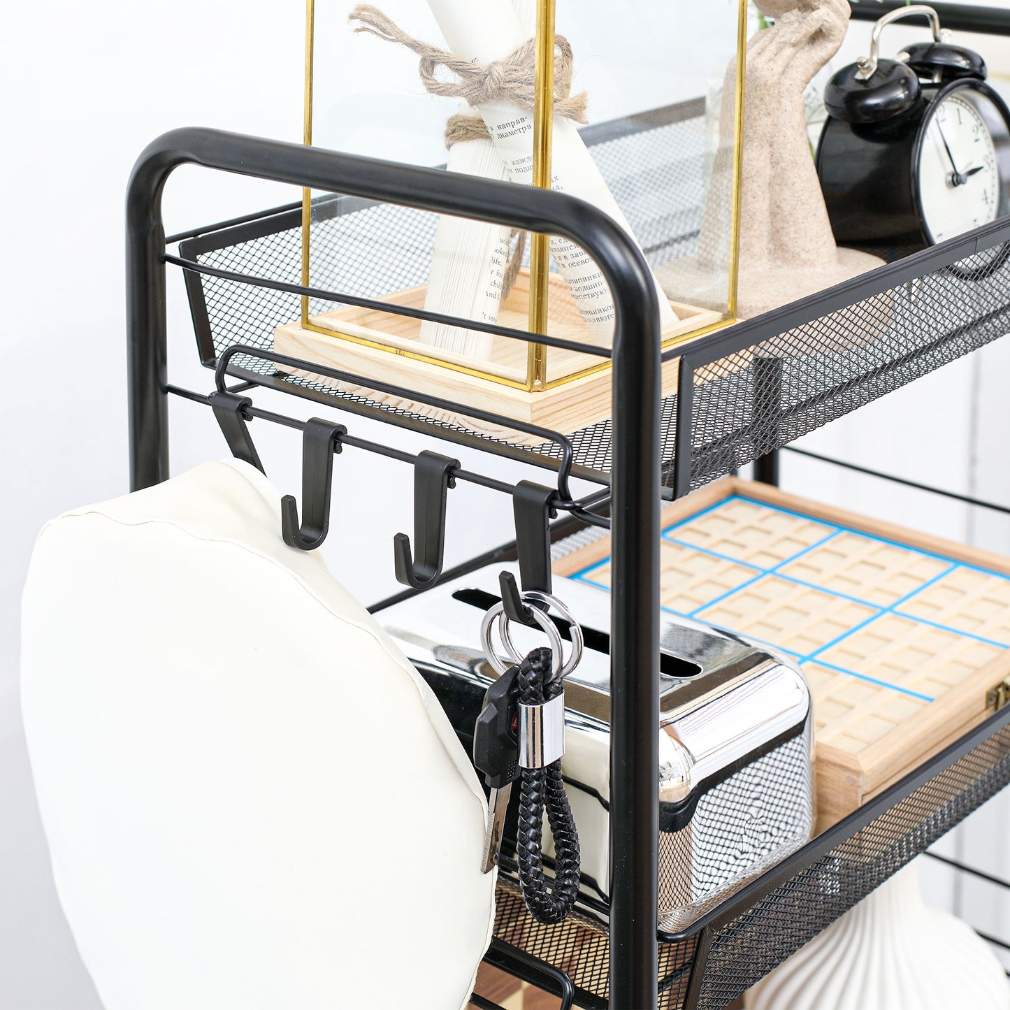 HOMCOM Rollwagen mit 4 Hängekörben, Servierwagen auf Rollen, fahrbar, abnehmbare Haken, Stahl, 45 x 26,5 x 84 cm, Schwarz