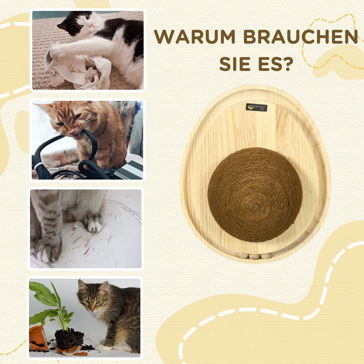 PawHut interaktives Katzenspielzeug, Kratzfläche, ovale Kugelbahn, Kiefernholz, 39,5 x 32,5 x 14,5 cm