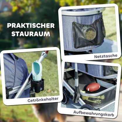 PawHut Hundewagen 3 in 1 Hundebuggy klappbar für Katzen bis 10 kg Katzenbuggy mit Kissen Becherhalter Dunkelblau