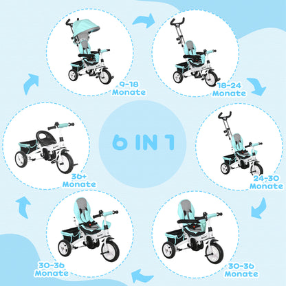 HOMCOM 6-in-1 Kinderdreirad mit Schiebestange, Dach, Gurt, Ablagekorb, für 1-5 Jahre, Grün