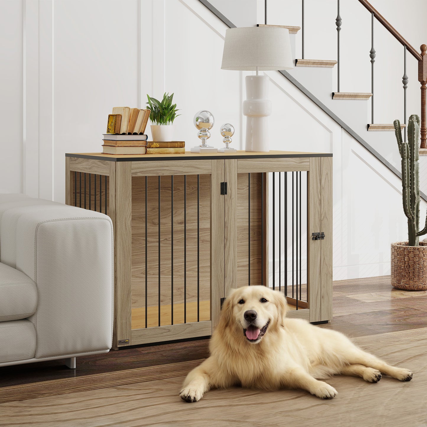 PawHut Hundebox, Haustierbox für große Hunde, Hundehütte, Indoor, 106 x 60 x 76 cm, Eiche