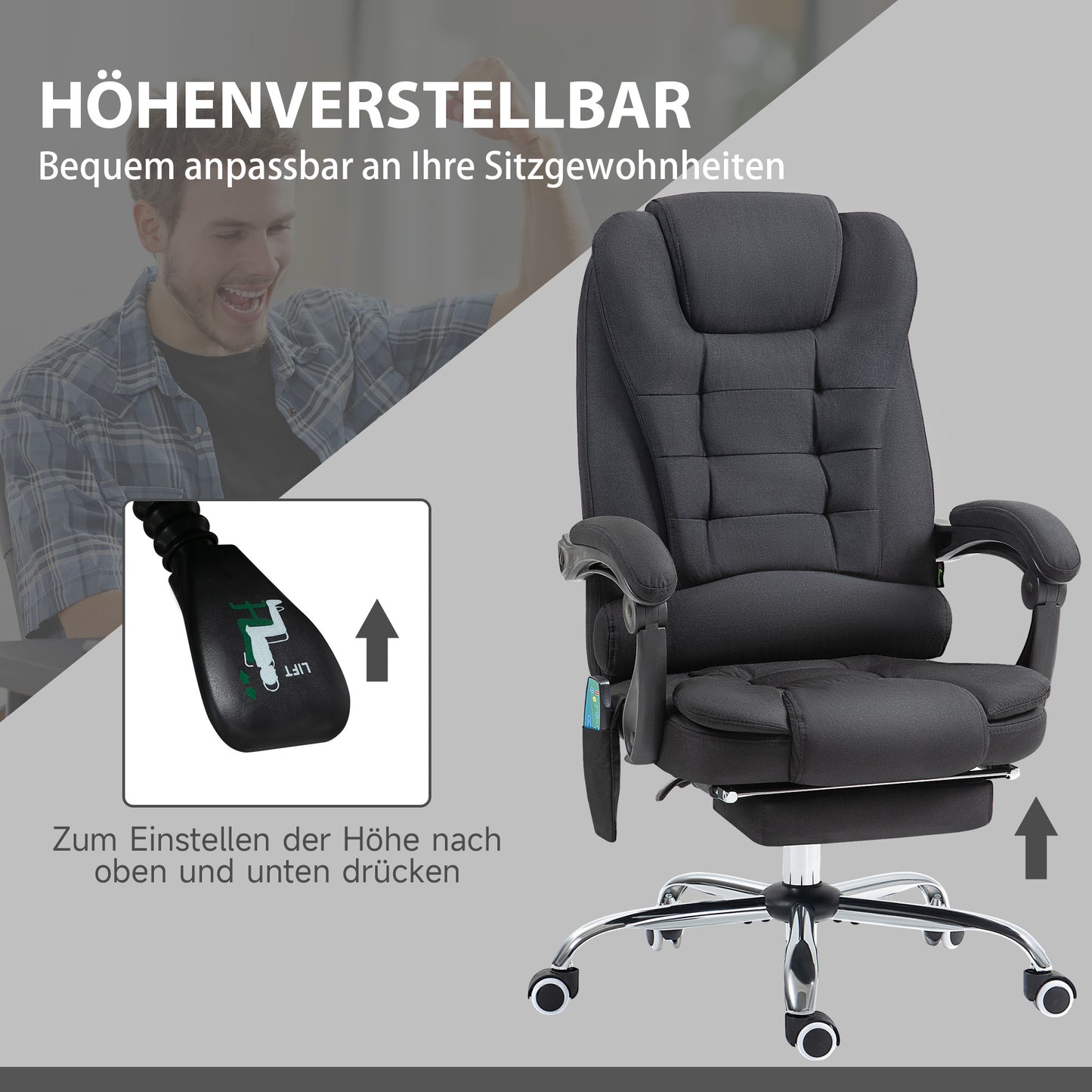 Vinsetto Bürostuhl mit Massagefunktion, Ergonomischer Schreibtischstuhl mit Liege- & Wärmefunktion, höhenverstellbar, Schwarz