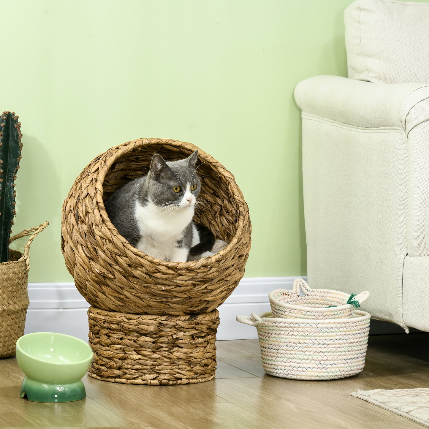 PawHut Rattan Katzenkorb Katzenhöhle Katzenhütte Katzenbett mit Kissen Haustierbett Wasserhyazinthe Braun 40 x 37 x 51 cm
