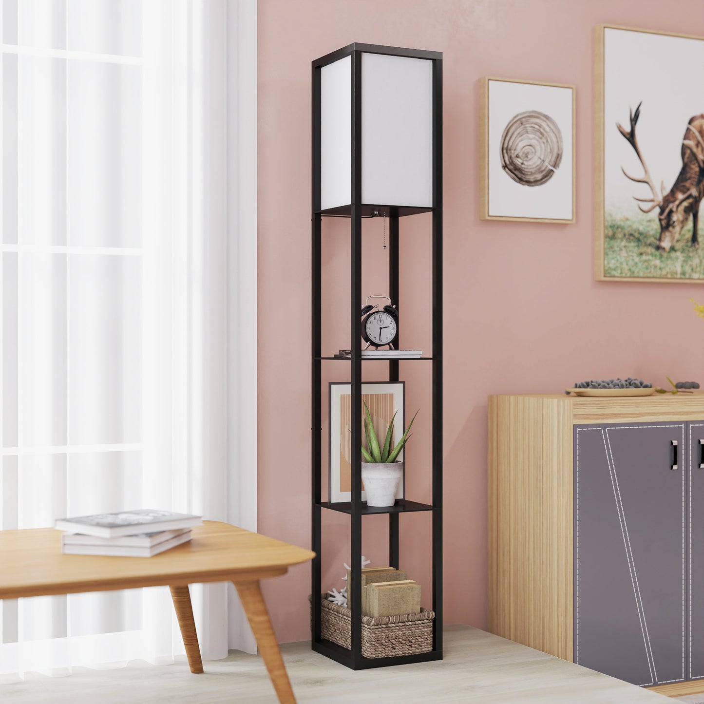 HOMCOM Stehlampe mit Regalen, Stehleuchte, Holz, 26 x 26 x 160 cm, für Wohn-/Schlafzimmer (Ohne Glühbirne)