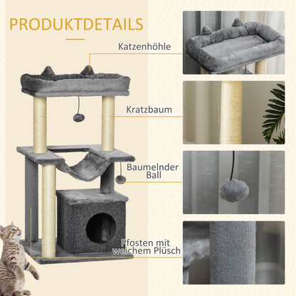 PawHut Katzenbaum 90 cm Kratzbaum mit Hängematte Spielbaum Katzenhöhle Plattformen Kletterbaum Katzenkratzbaum Aktivitätskratzbäum Plüsch Sisal Grau