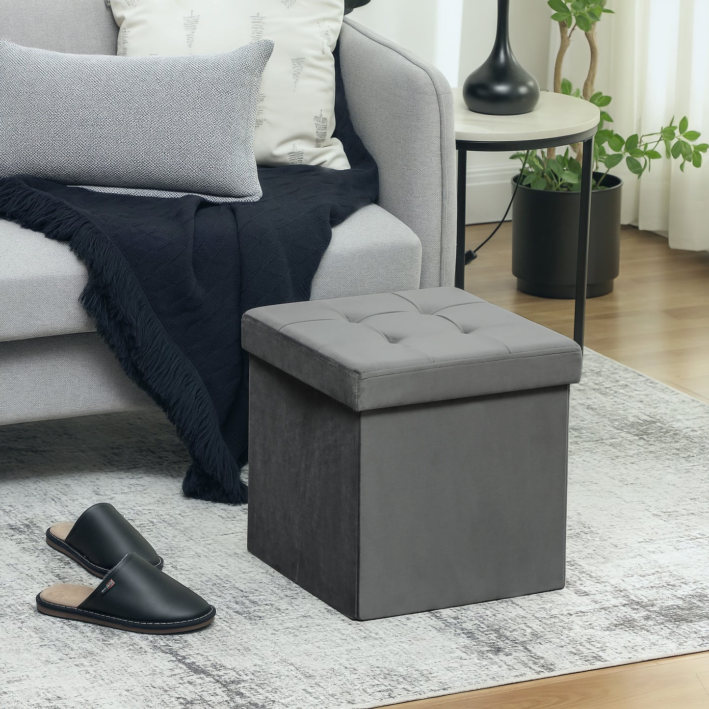 HOMCOM Klappbarer Sitzhocker mit Stauraum, Aufbewahrungsbox, Schaumstoff, MDF, Grau