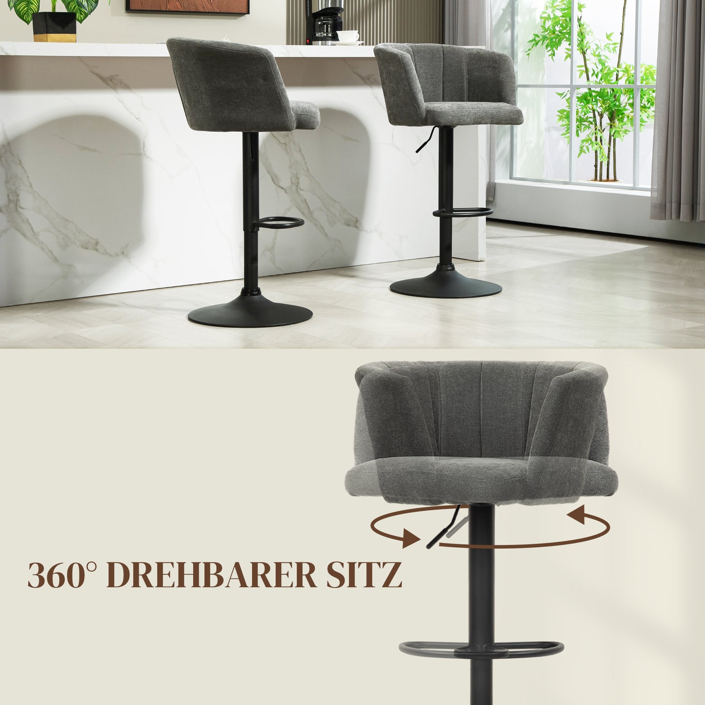 HOMCOM Barhocker 2er-Set, Schalenrücken, höhenverstellbar, Fußstütze, für Küche oder Esszimmer, Metallbasis, Dunkelgrau