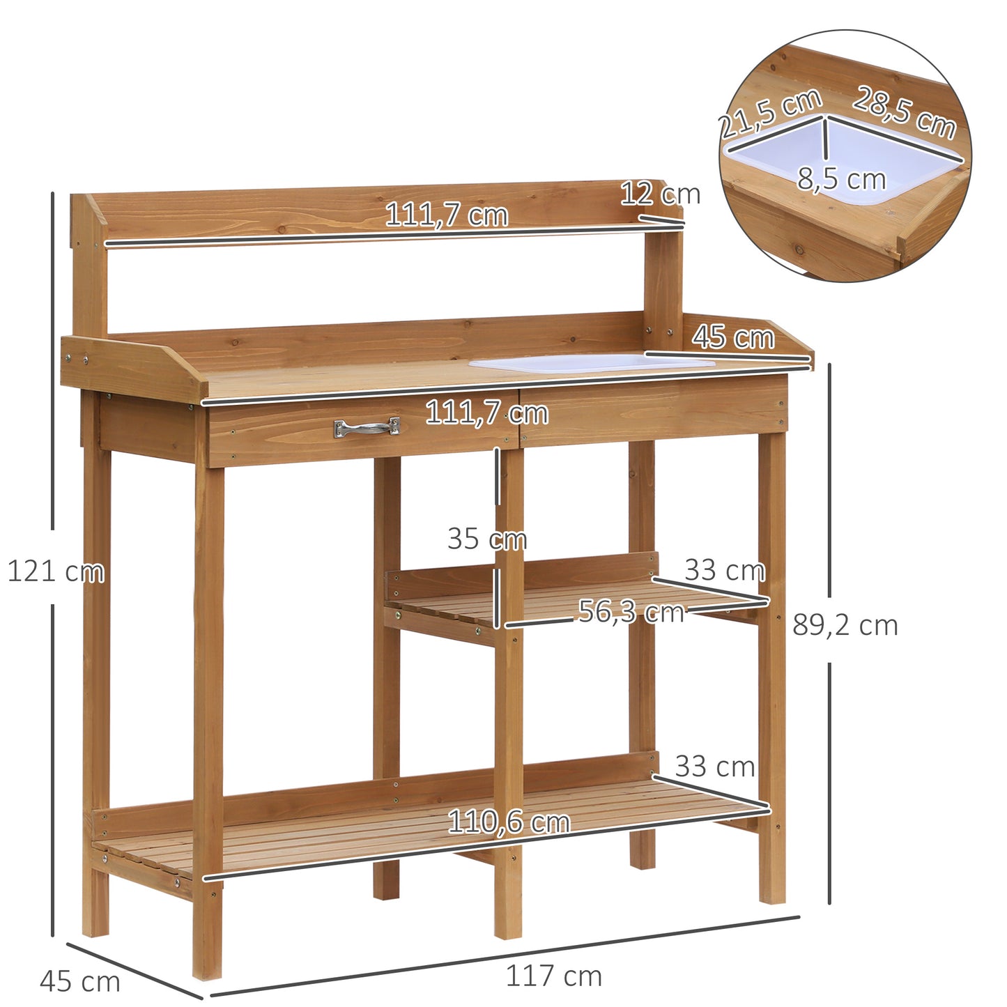 Outsunny Pflanztisch Gärtnertisch Blumentisch mit Wanne Garten Tannenholz Natur 117 x 45 x 121 cm