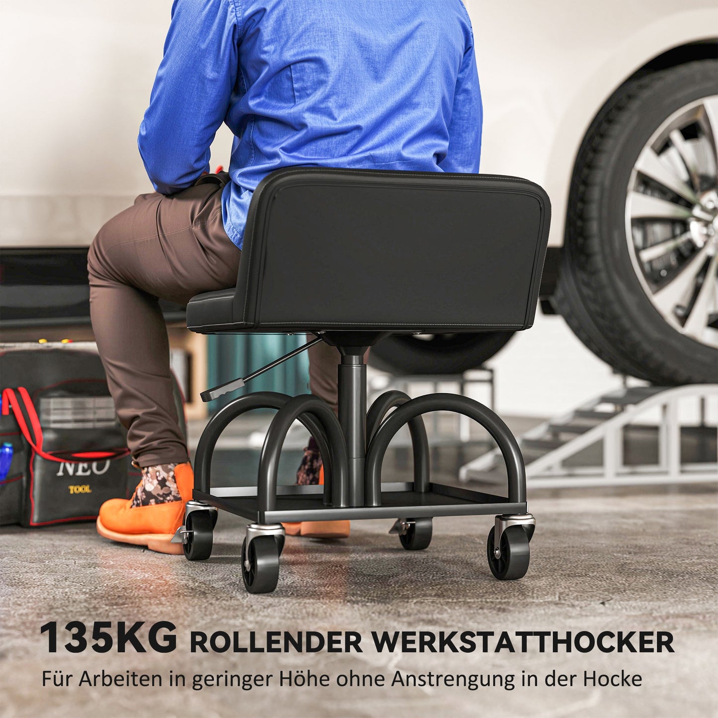 HOMCOM Werkstatthocker mit Rollen Ablagefläche، 58,5 سم من Rollhocker bis 135 كجم belastbar Schwarz
