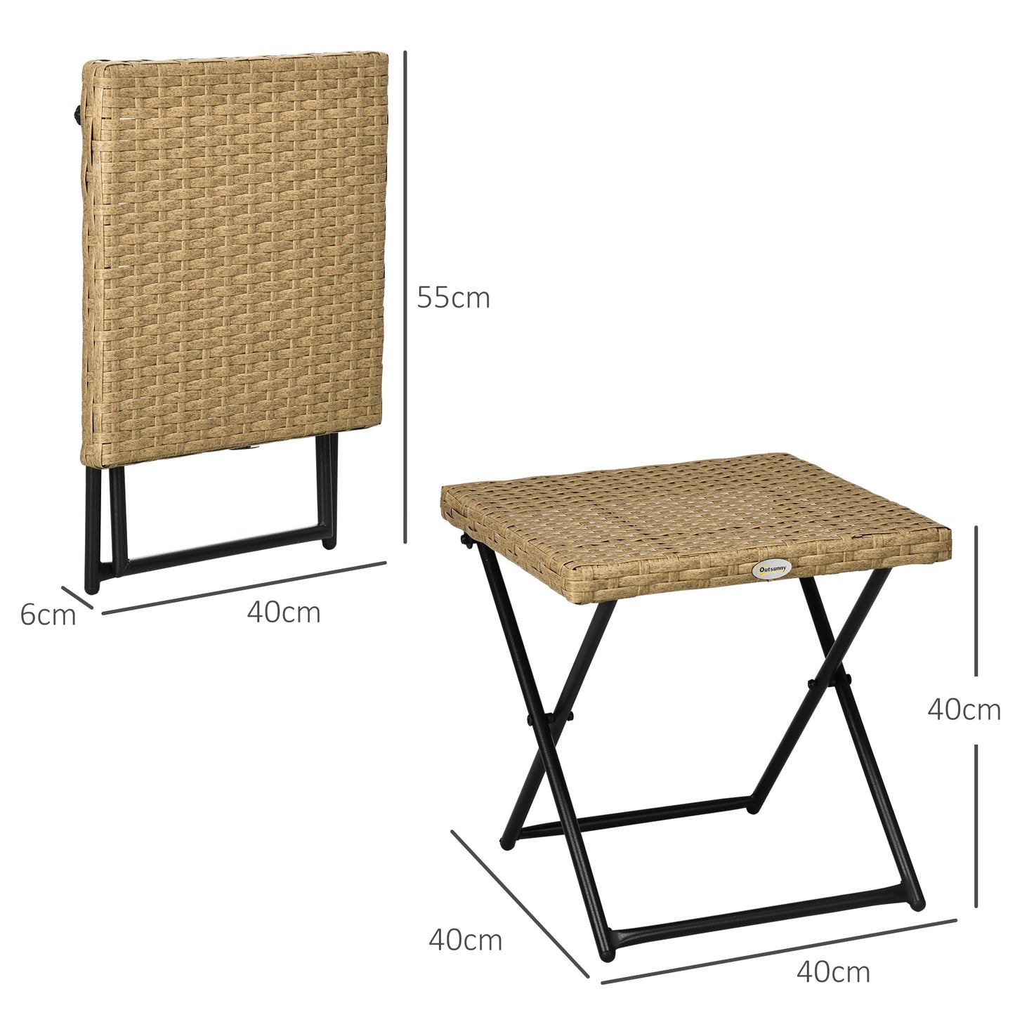 Outsunny Polyrattan Balkontisch, klappbar, Stahlrahmen, pflegeleicht, 40x40x40 cm, Natur