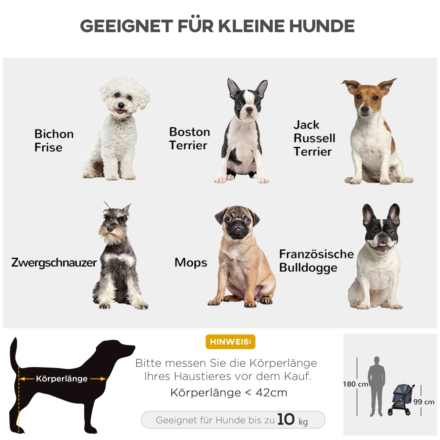 PawHut Hundewagen Hundebuggy bis 10 kg Klappbar Bodenkorb Kissen Seitentasche 81 cm x 48 cm x 99 cm Grau