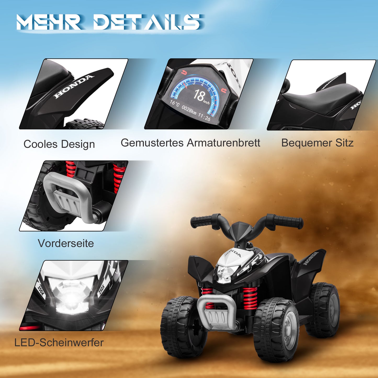 AIYAPLAY Elektroquad, Kinderquad, 2,8 km/h, LED-Scheinwerfer, für 1,5-3 Jahre, schwarz, 65,5 x 38,5 x 43,5cm