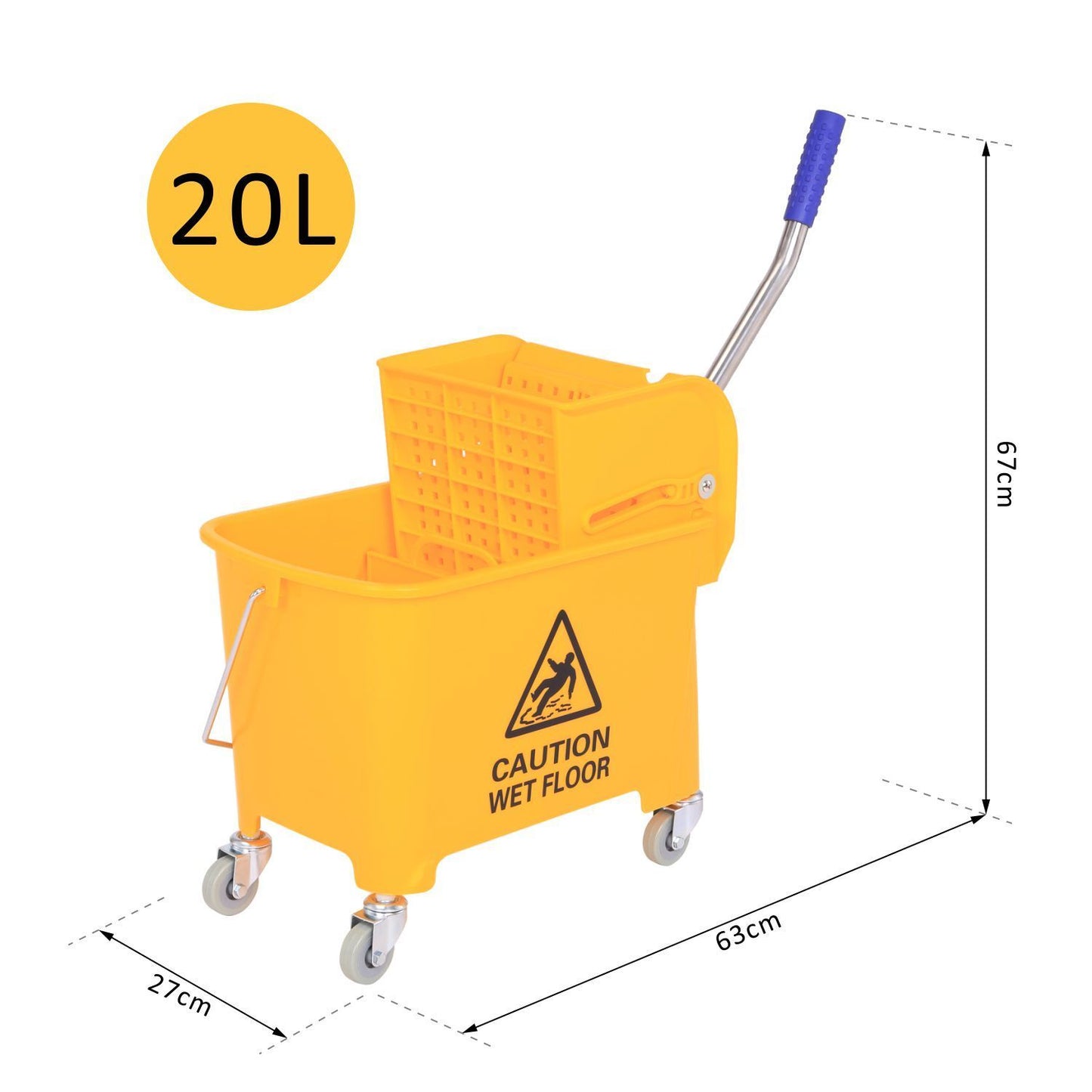 HOMCOM 20 L Mopp-Eimer mit Auswringer und Griff, Wischmopp-Eimer auf Rädern, Kunststoff, Gelb