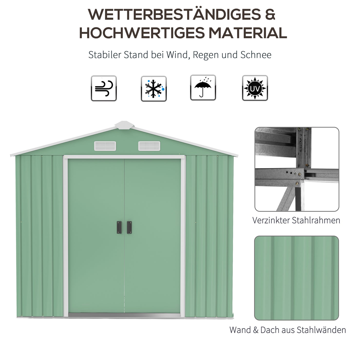 Outsunny Gartenschuppen, 2 Schiebetüren, Lüftungsfenster, Bodenrahmen, rostfrei, Stahl, hellgrün, 2,13 x 1,30 x 1,85 m