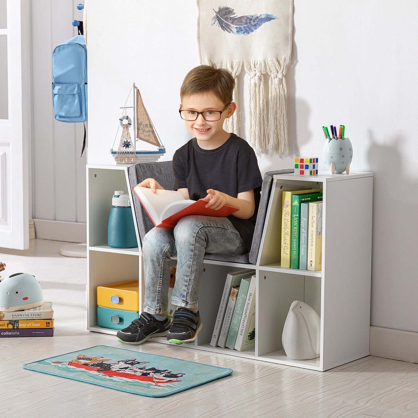 HOMCOM 2-in-1 Kinderregal Regal + Sitzbank inkl. Polster 103 cm × 30 cm × 62 cm Weiß + Grau