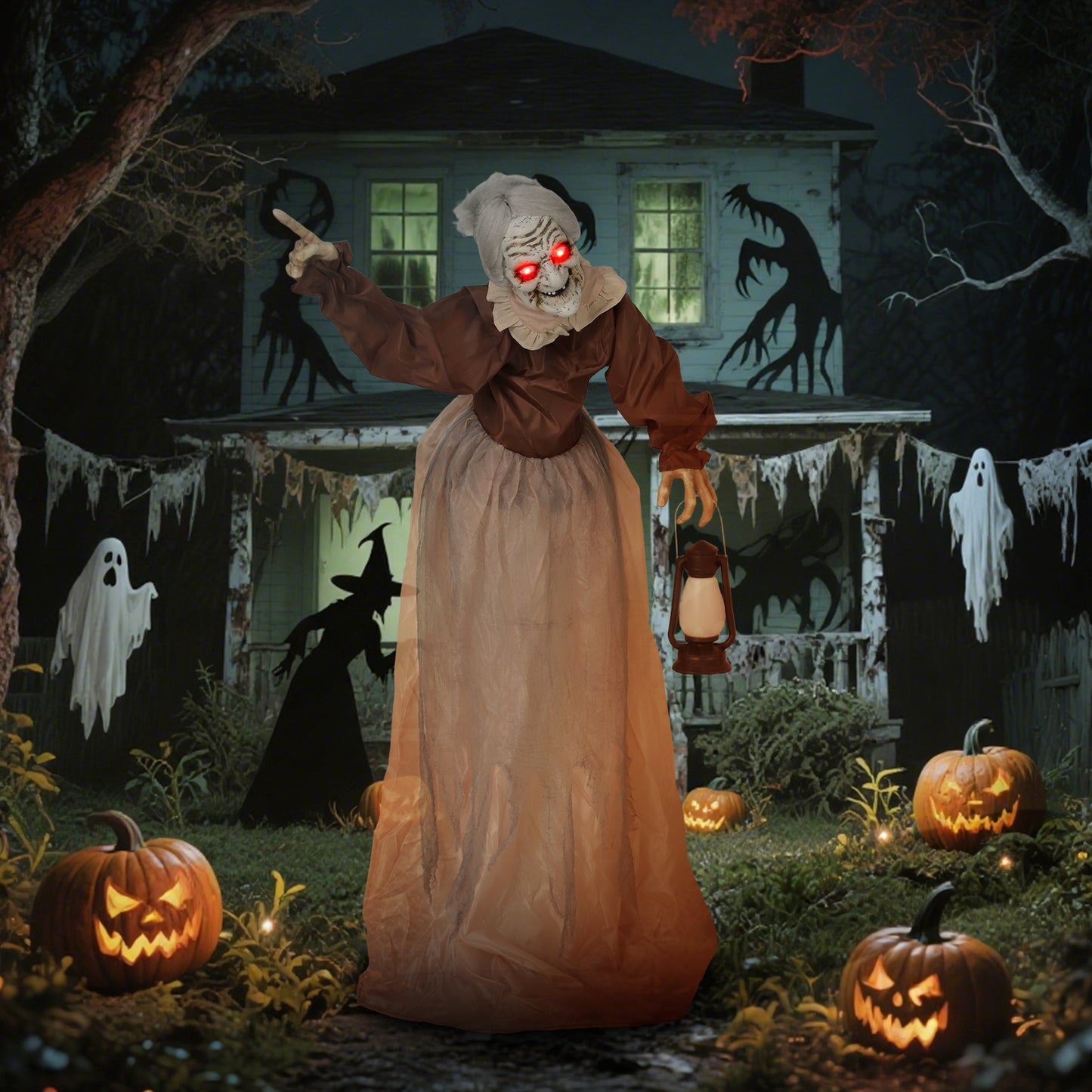 Outsunny 150 سم Halloween Dekoration Halloween Hexe mit LED-Lichter، Soundfunktion verstellbare Arme، Kopf