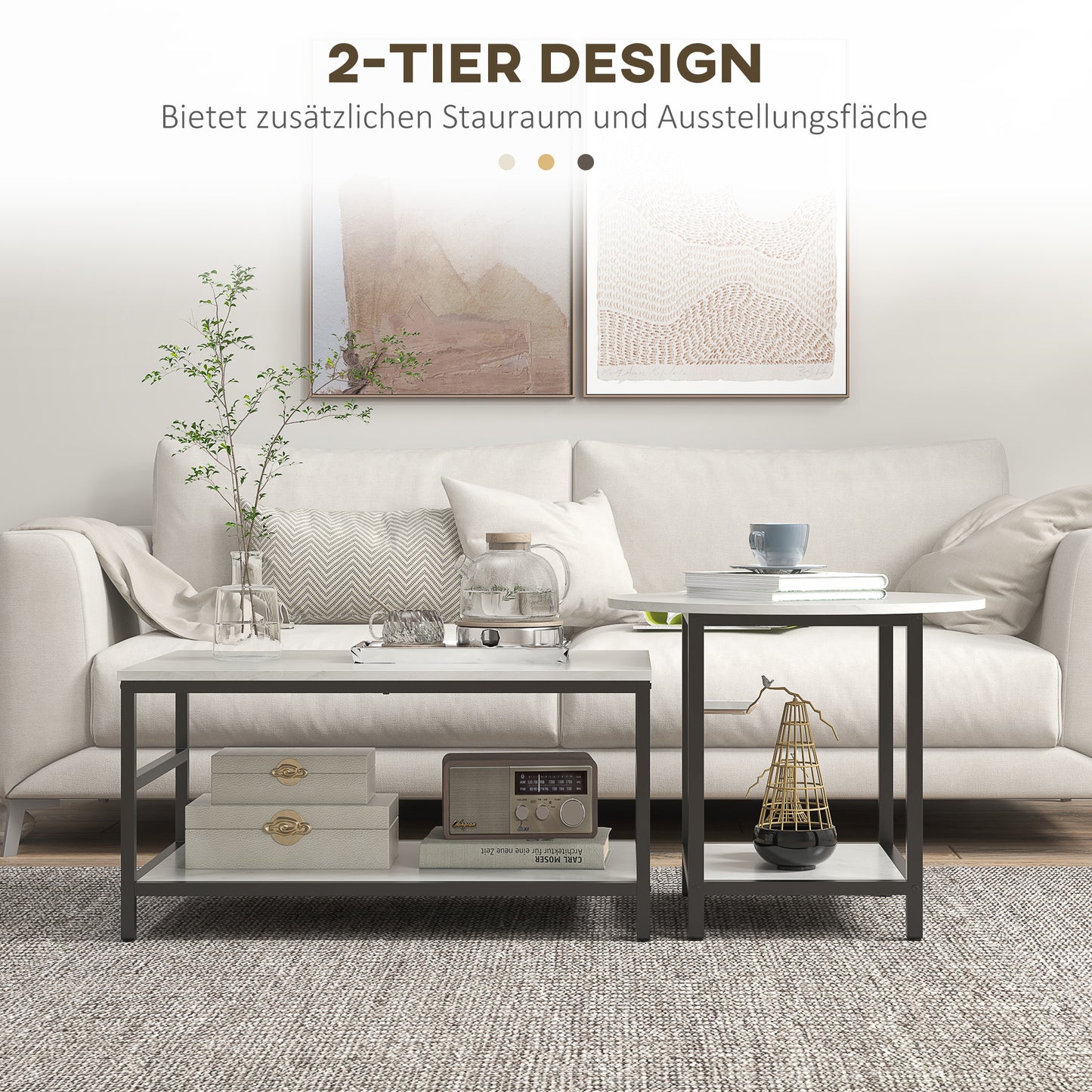 HOMCOM Couchtisch-Set, 2 Beistelltische, Marmoroptik, verstellbare Füße, Stahl, Schwarz/Weiß
