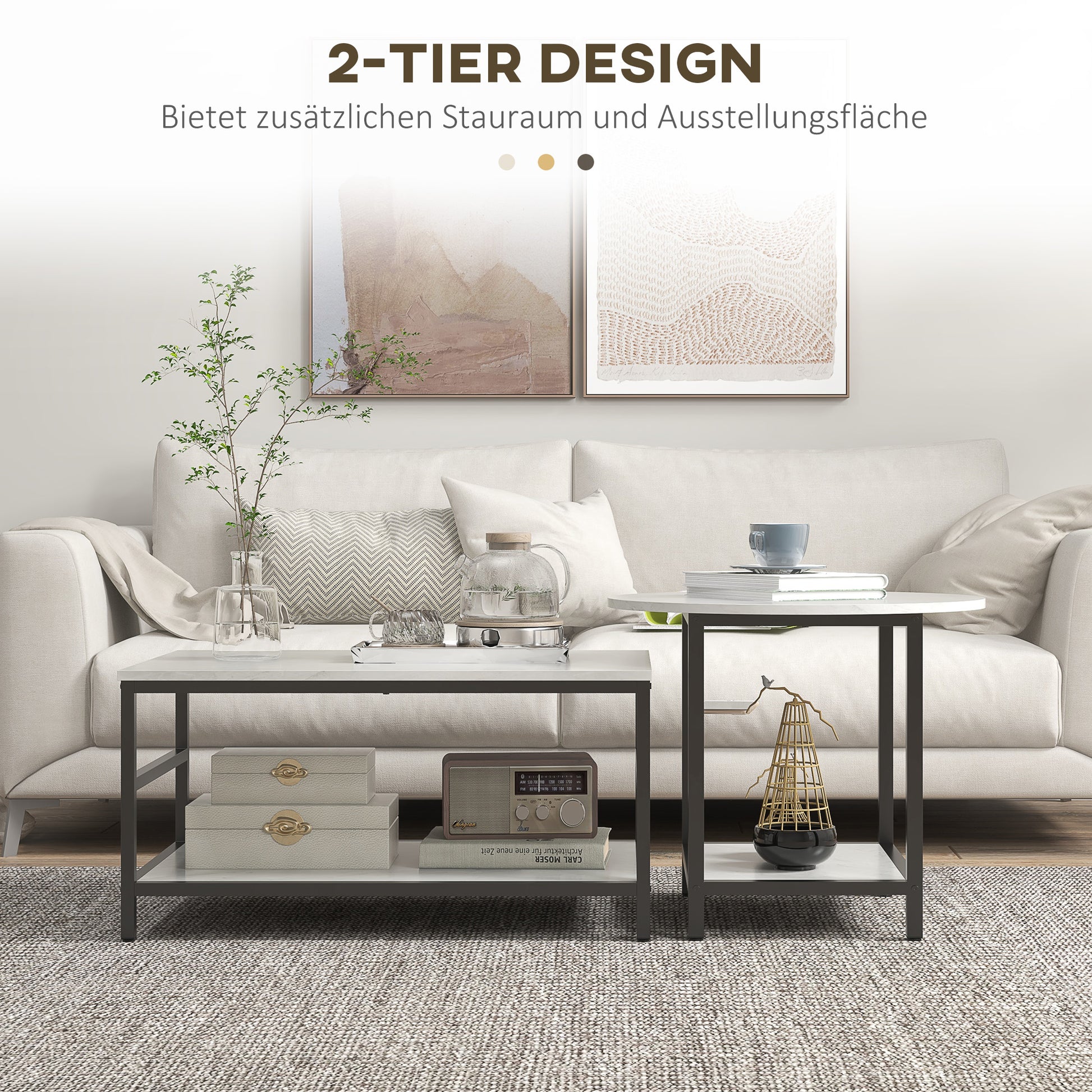 HOMCOM Couchtisch-Set, 2 Beistelltische, Marmoroptik, verstellbare Füße, Stahl, Schwarz/Weiß