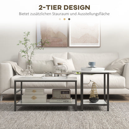 HOMCOM Couchtisch-Set, 2 Beistelltische, Marmoroptik, verstellbare Füße, Stahl, Schwarz/Weiß