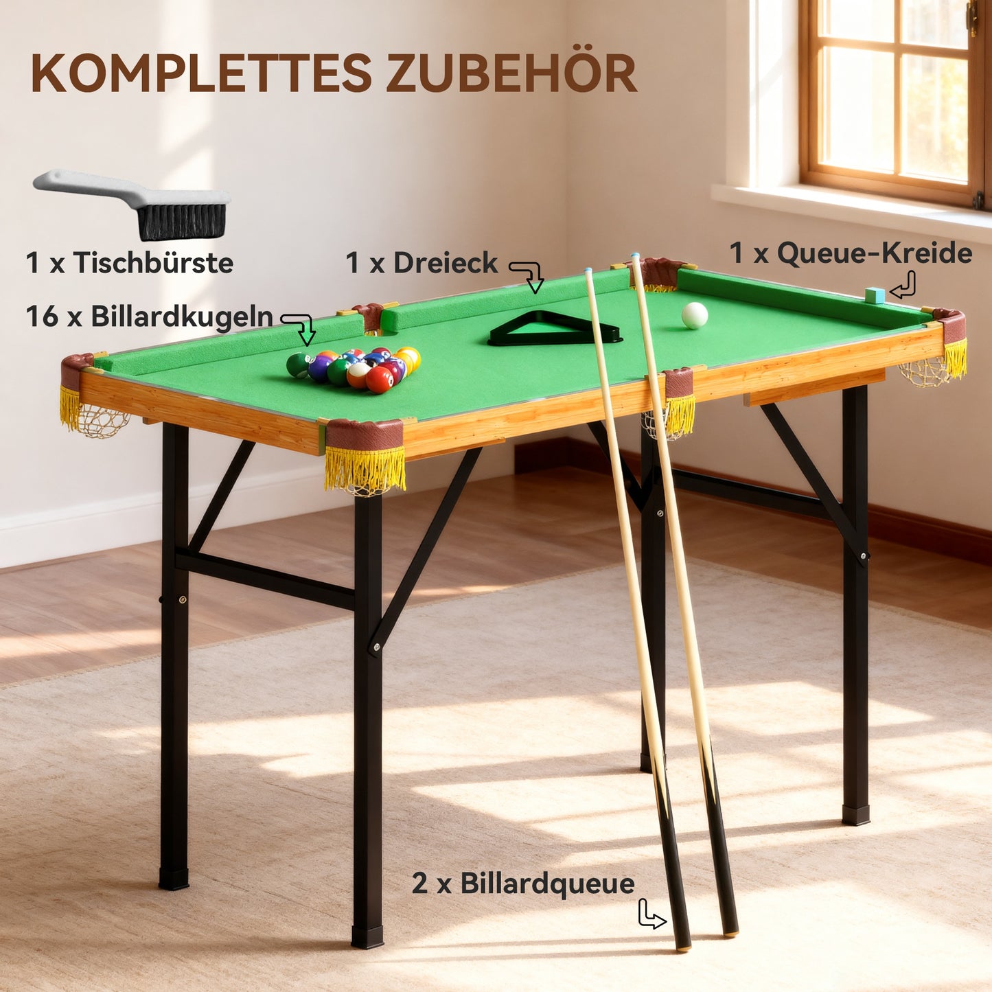 SPORTNOW Klappbarer Billardtisch, Mini-Billiard-Tisch, 2 Queues, 16 Kugeln, Dreieck, Bürste, Grün