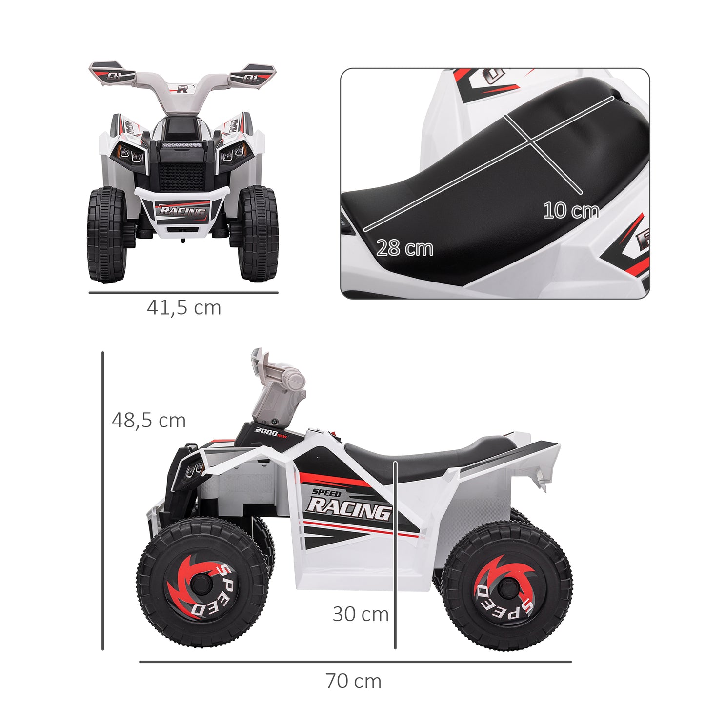 HOMCOM Elektro-Kinderquad, 2,5 km/h, Vorwärts- &amp; Rückwärtsgang, für 18-36 Monate, Weiß