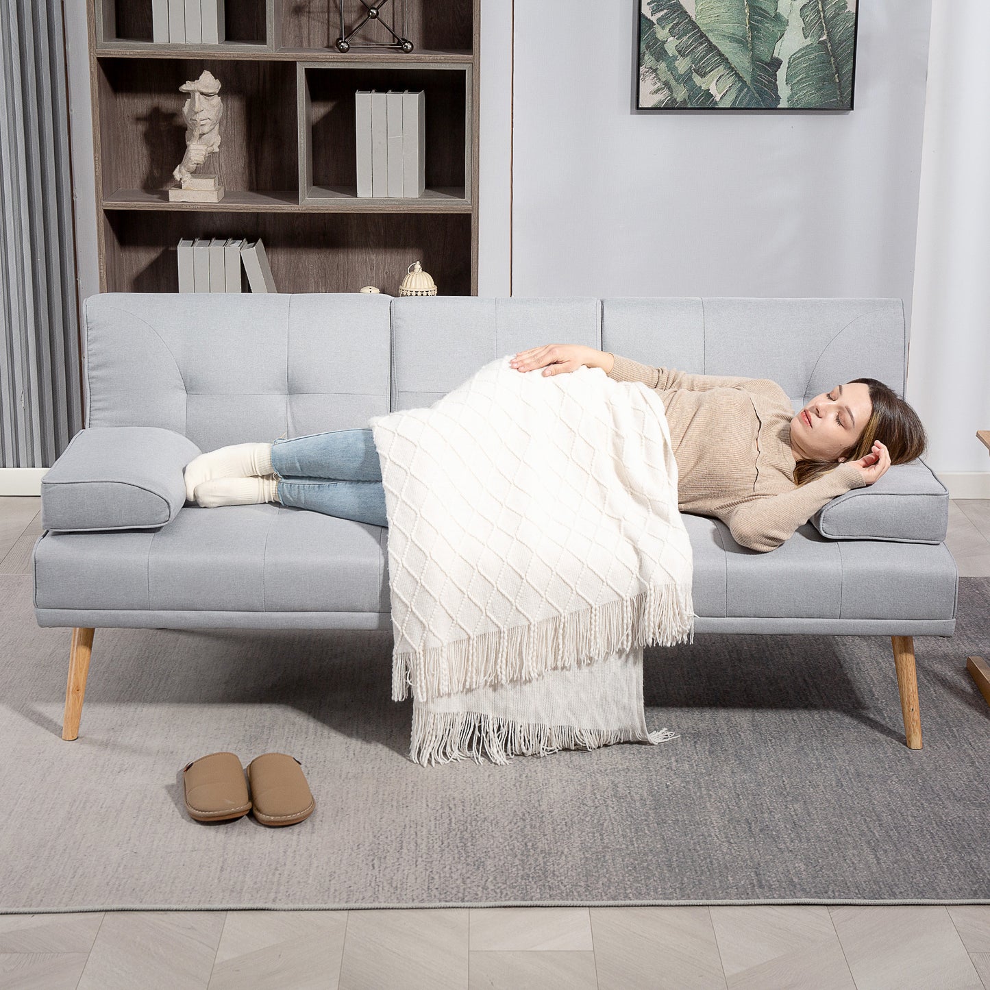 HOMCOM Schlafsofa، 3-Sitzer-Sofa، Bettsofa mit Klappbarem Tisch، Stoffsofa mit Leinenoptik، Schlafcouch mit Becherhalter، im Skandi-Design، bis 250kg Belastbar، Hellgrau