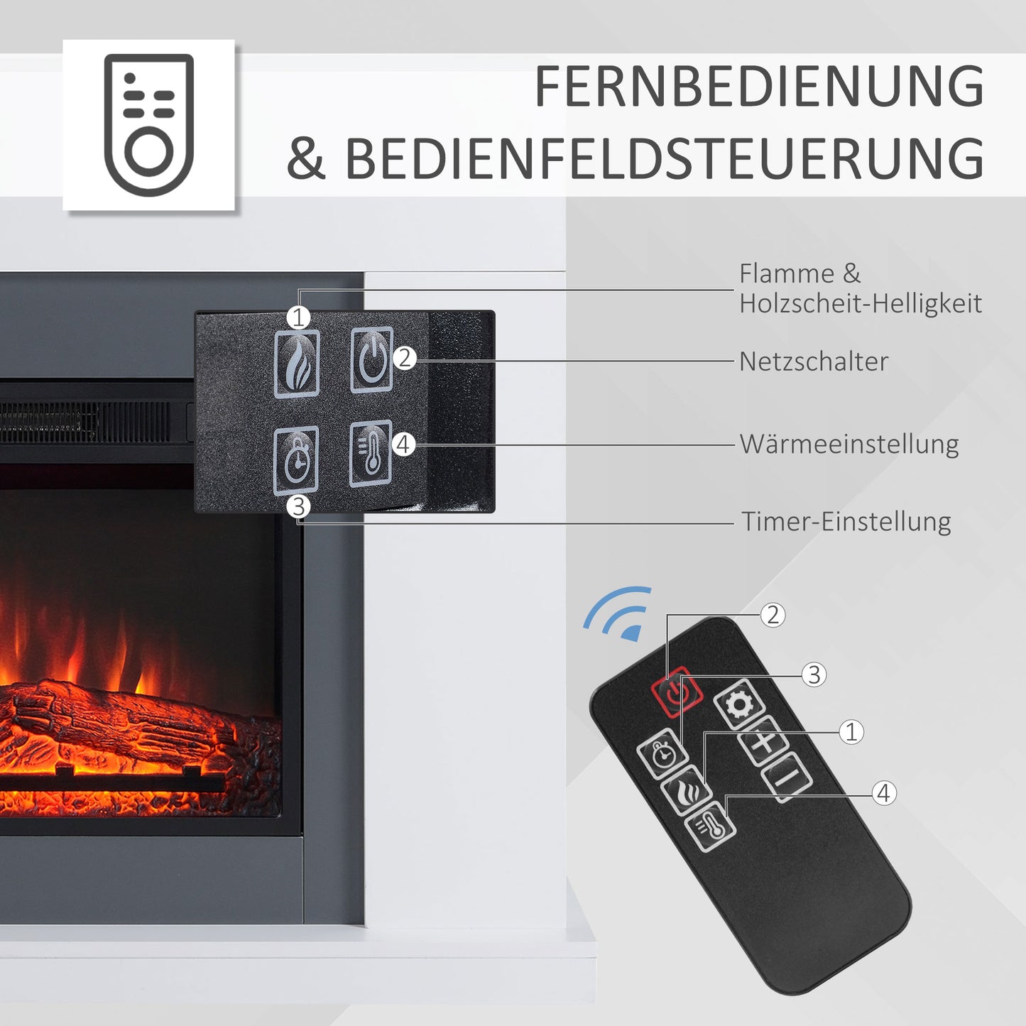 HOMCOM LED Elektrokamin Standkamin Kaminofen mit Flammeneffekt 1800/2000W Innenraumheizung mit Holzrahmen Dekokamin MDF Weiß 113 x 26,6 x 87,5 cm