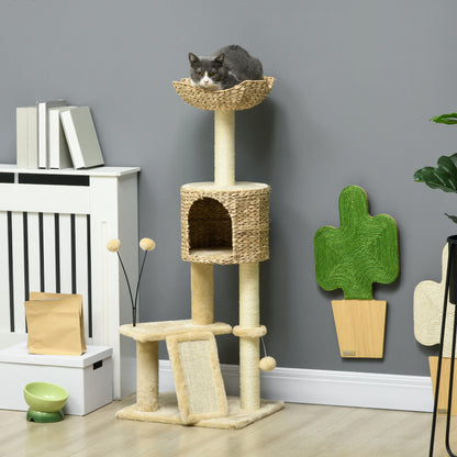PawHut Kratzbaum mit Katzenhöhle, Liegeplattform, Spielball, 45x40x116cm, Braun/Beige