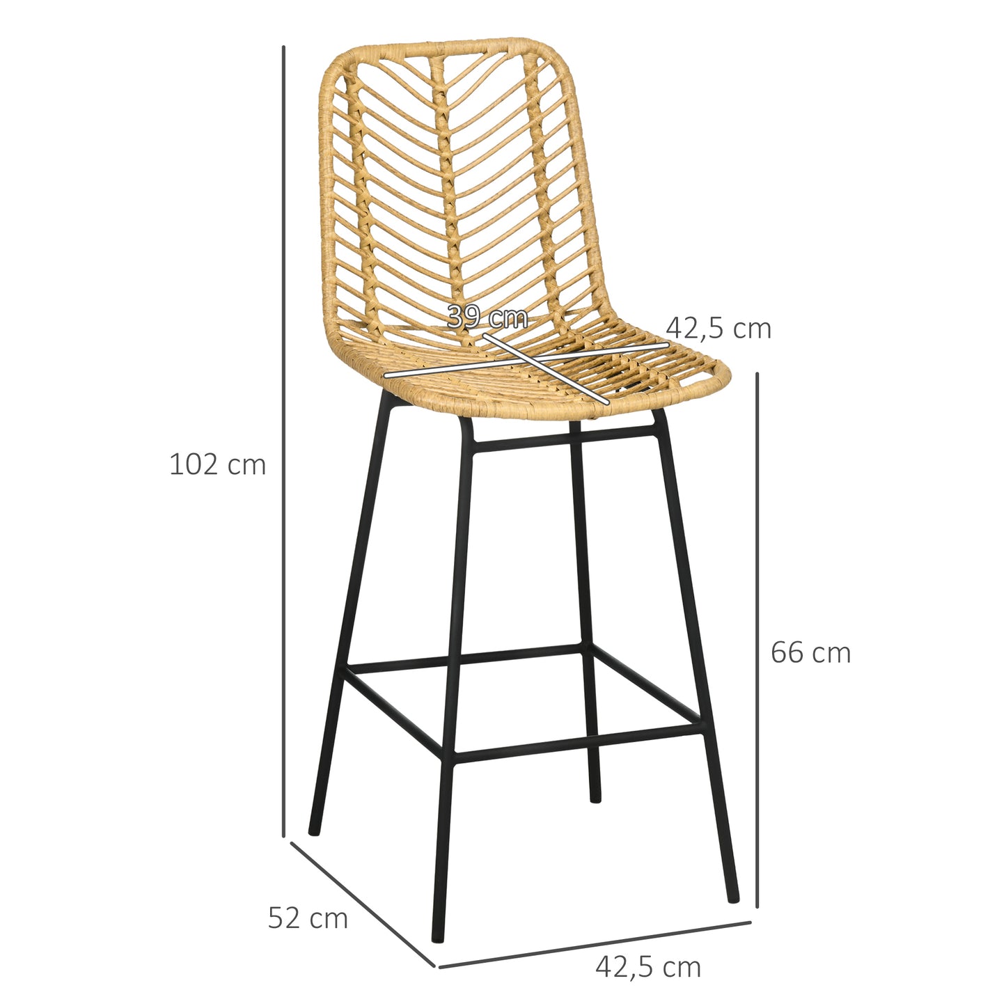 HOMCOM 2er Set Barhocker mit Lehne Barstühle im Boho-Design, PE-Rattan, inkl. Fußtstütze, 42,5 cm x 52 cm x 102 cm, Gelb + Schwarz