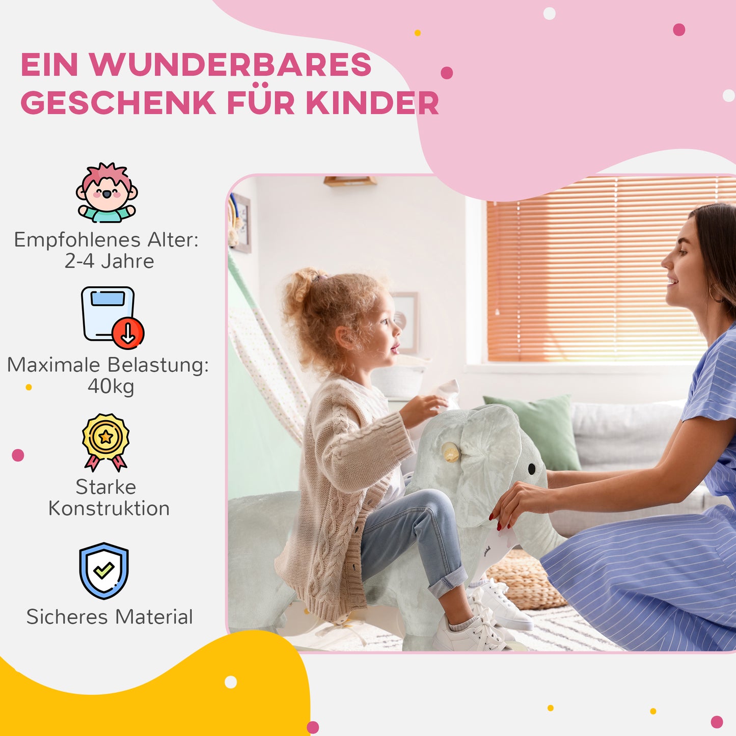 AIYAPLAY Schaukelpferd, Elefant, Soundeffekte, sichere Basis, für 2-4 Jahre, 64,5x31x52 cm, Grau