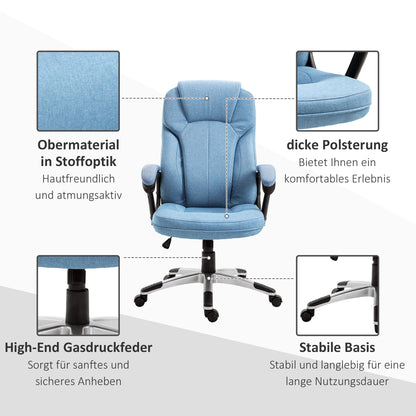 Vinsetto Bürostuhl Computerstuhl Drehstuhl höhenverstellbar Wippfunktion mit Kopfstütze und gepolsterte Armlehnen Ergonomisch Hellblau Leinen 66 x 75 x 110–120 cm
