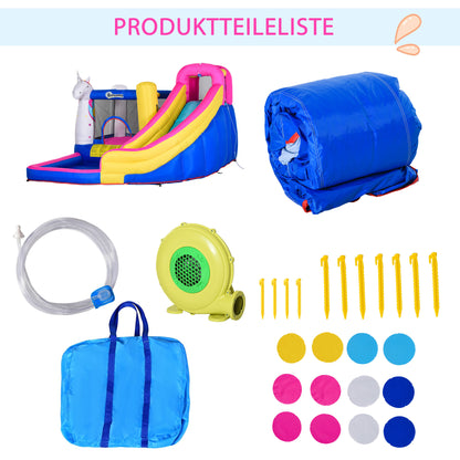 Outsunny Hüpfburg im Märchendesign inkl. Gebläse, Rutsche, Wasserbecken u. Basketballkorb 360 x 305 x 210 cm