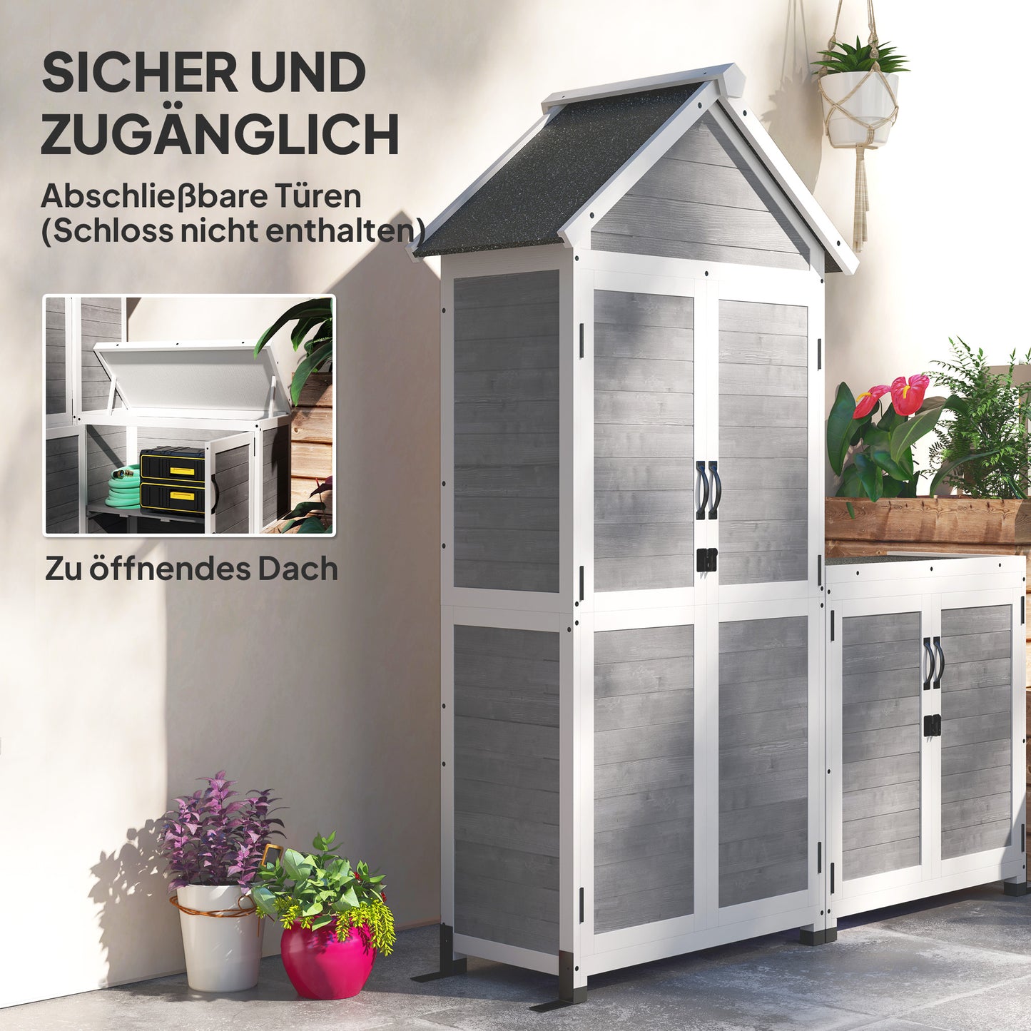 Outsunny Gartenschuppen mit Aufbewahrungsschrank, anpassbare Regale, verschließbare Türen, wasserfest, Fichtenholz, Hellgrau