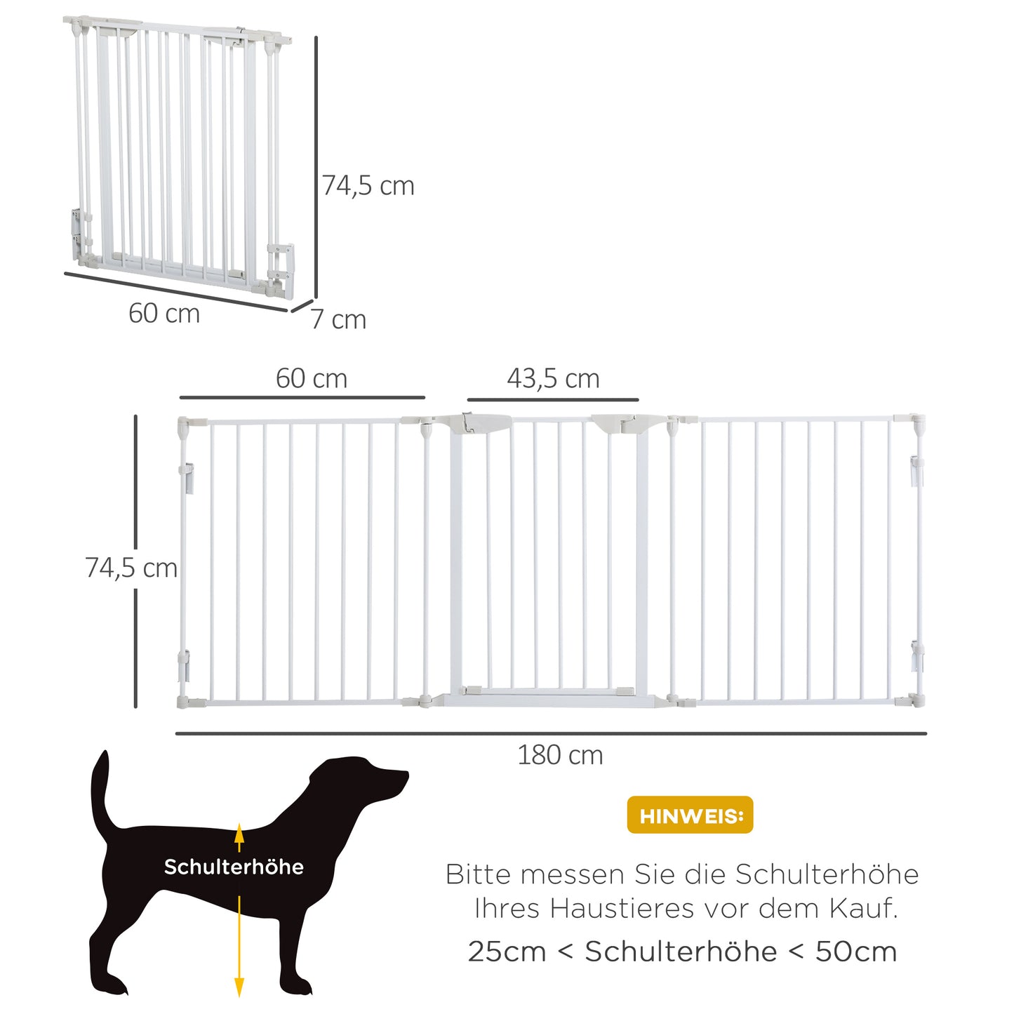 PawHut Absperrgitter Hund Freistehendes Schutzgitter 180 x 74,5 cm Hundegitter Klappbar Türschutzgitter Treppengitter Hundeabsperrgitter für Treppen, Türen, Küche, Flur, 3 Paneelen, Weiß