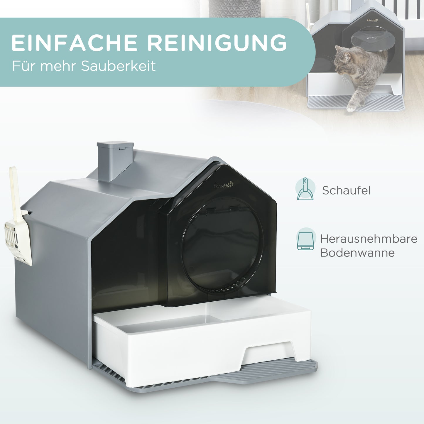 PawHut Katzentoilette im niedlichen Design, 1 Siebvorleger, 1 Streuschaufel, herausnehmbare Bodenwanne, Grau