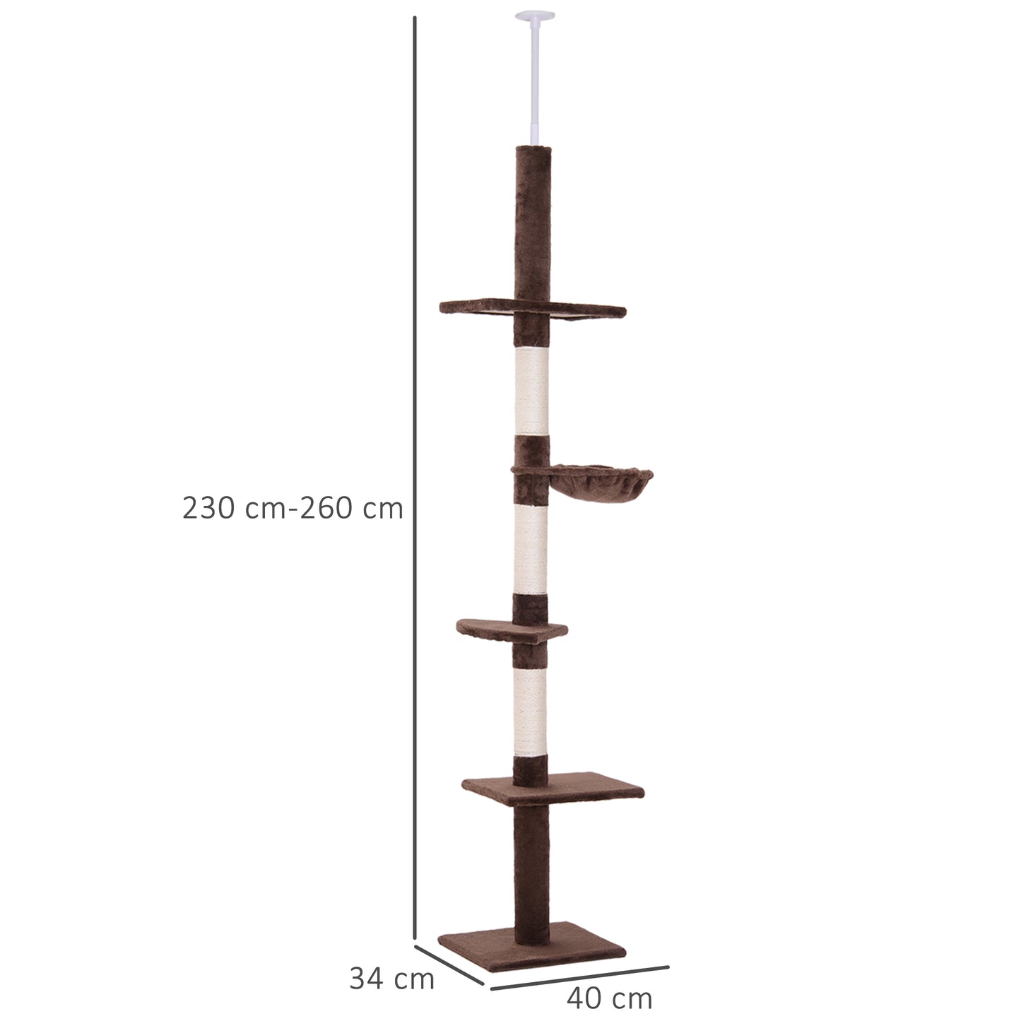 PawHut Kratzbaum Deckenhoch höhenverstellbar, stabiler Katzenbaum mit Sisalsäulen, Katzen Kletterbaum, Braun, 40 x 34 x 230-260 cm