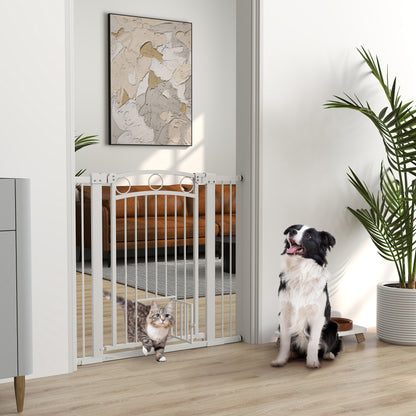 PawHut Haustiertor, 96 cm Treppengatter, verstellbare Breite 76-104 cm, mit Katzentür, für Treppen und Türöffnungen, Weiß
