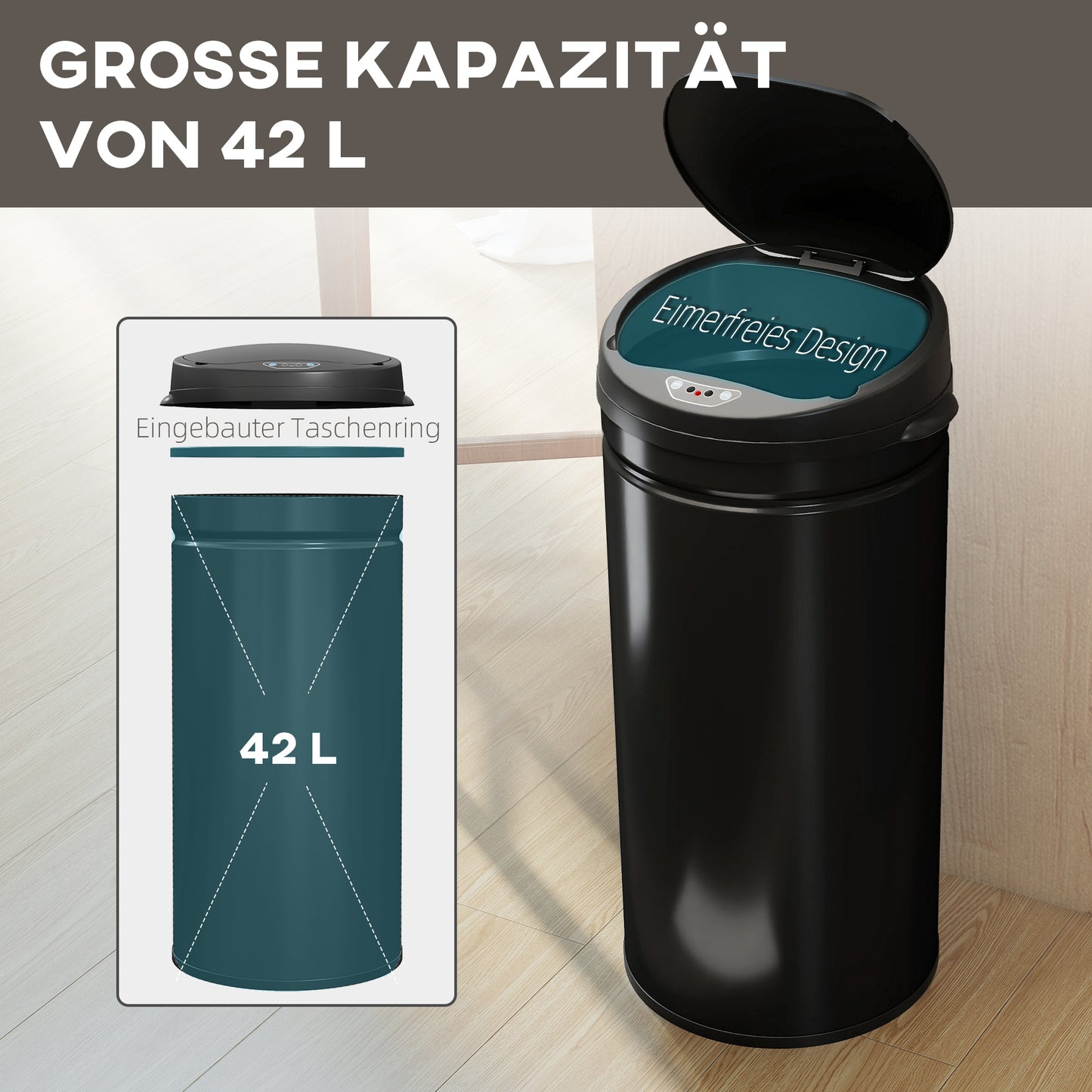 HOMCOM 42 Liter Sensor-Mülleimer mit Soft-Close-Funktion, berührungsfreier Abfalleimer aus Edelstahl für hygienische Küchen