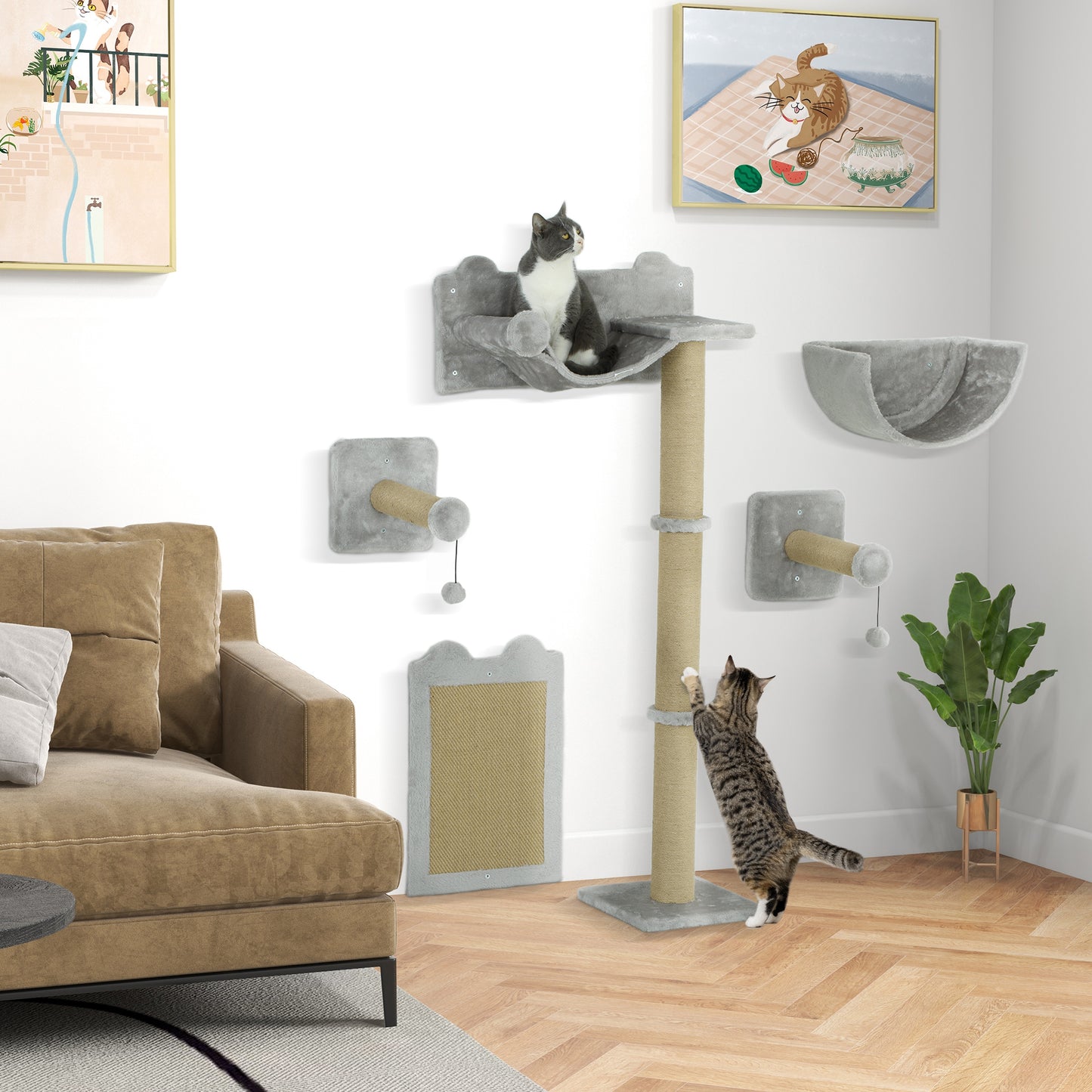PawHut 5-teiliges wandmontiertes Kletterset für Hauskatzen mit Kratzpfosten, Kratzmatte, Katzenbett, Spielzeugbällen, Hellgrau