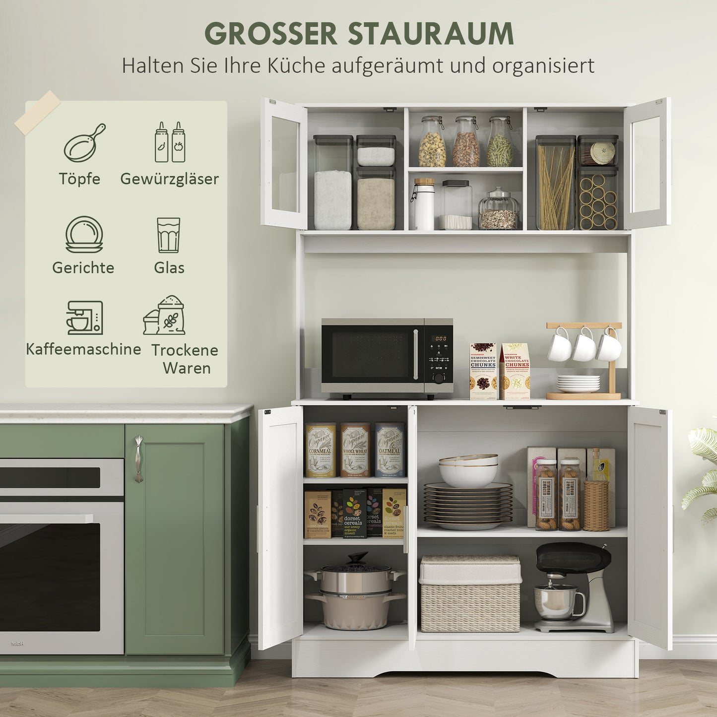 HOMCOM Küchenschrank, Skandinavisches Design, 4 Schränke, verstellbare Regale, Glastüren, offene Fläche, Spanplatte, MDF, Weiß
